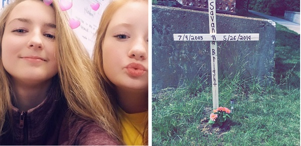 Саванна с подругой и памятный крест возле моста, где умерла девочка