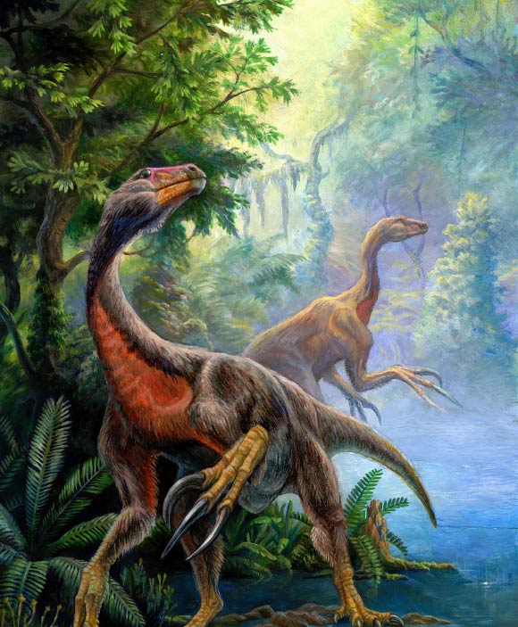 Пара Beipiaosaurus — небольших оперенных теплокровных динозавров.