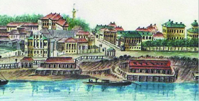 Вид Перми. Фрагмент акварели 1832 года. Дом Чадина виден слева вверху