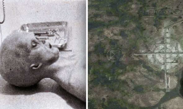 The cryptic site (right) and an alien from a hoax Roswell video