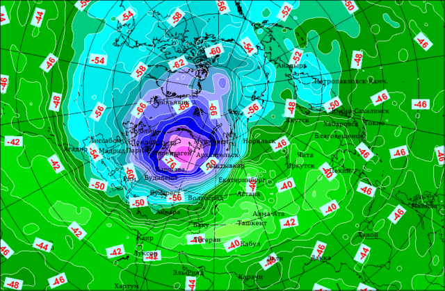 Температура в области полярного вихря на высоте 30 км 28 января 2020 г
