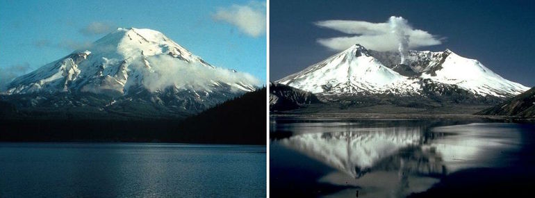 Так выглядела гора Святой Елены до извержения (слева) и и так выглядит