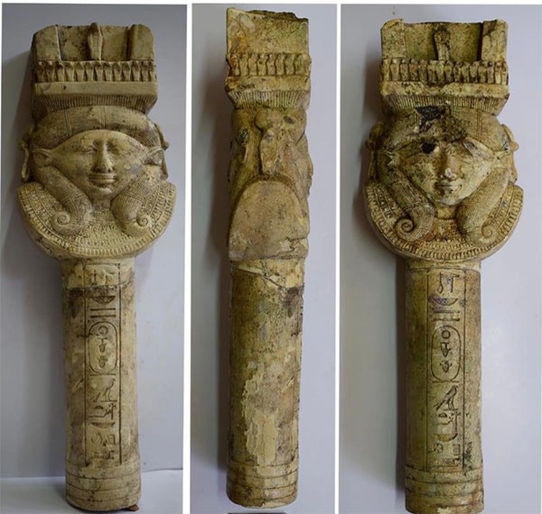 колонна с изображением богини Хатхор, глиняная посуда и подставка для