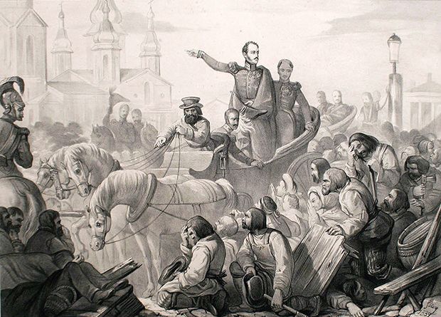 Гравюра «Николай I усмиряет холерный бунт в Санкт-Петербурге в 1831 го
