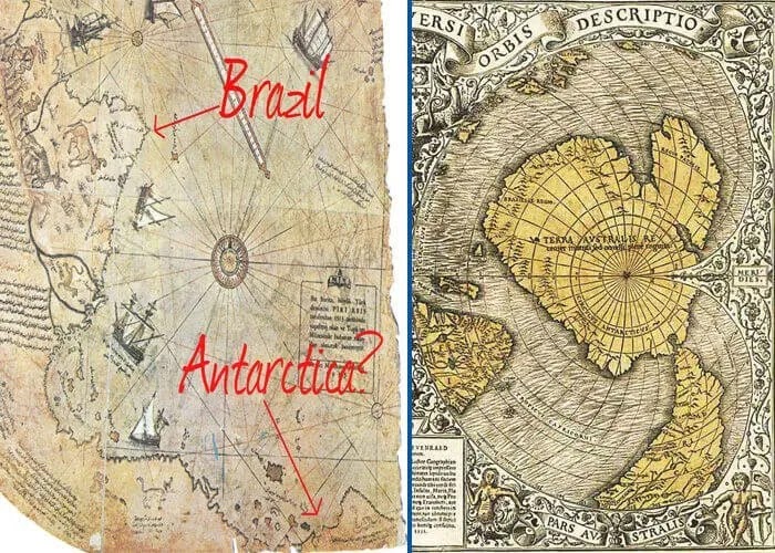 Часть карты Пири Рейса слева, часть карты Оронтеуса Финеуса справа