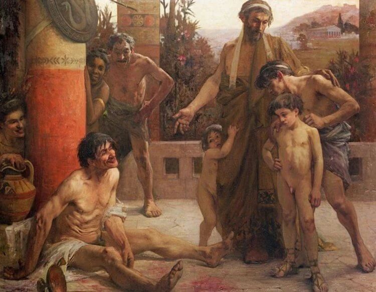 Спартанец показывает детям пьяницу