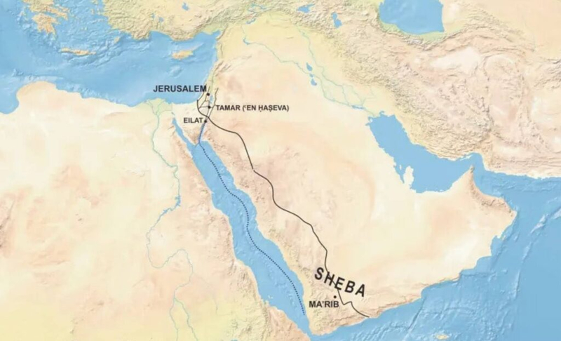На карте показан путь из Иерусалима к столице Савского царства