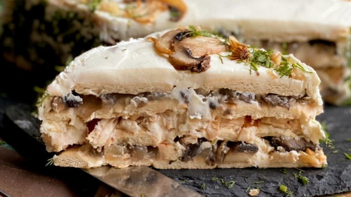 Закусочный торт с грибами и курицей: пошаговый рецепт