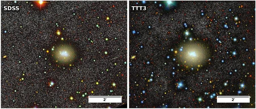 Галактика NGC 6789: слева — обзор SDSS, справа — детальное изображение телескопа TTT3