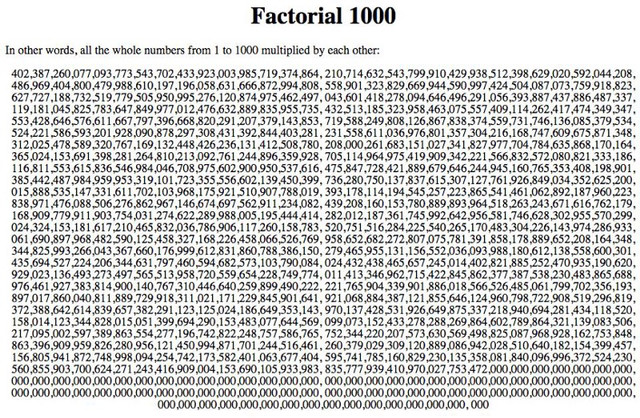 Факториал тысячи: все числа от 1 до 1000, перемноженные между собой